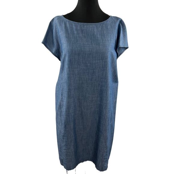 Eileen Fisher Blue Cotton Tencel Chambray Mini Shirt Dress Back Zip Casual M - Picture 1 of 9